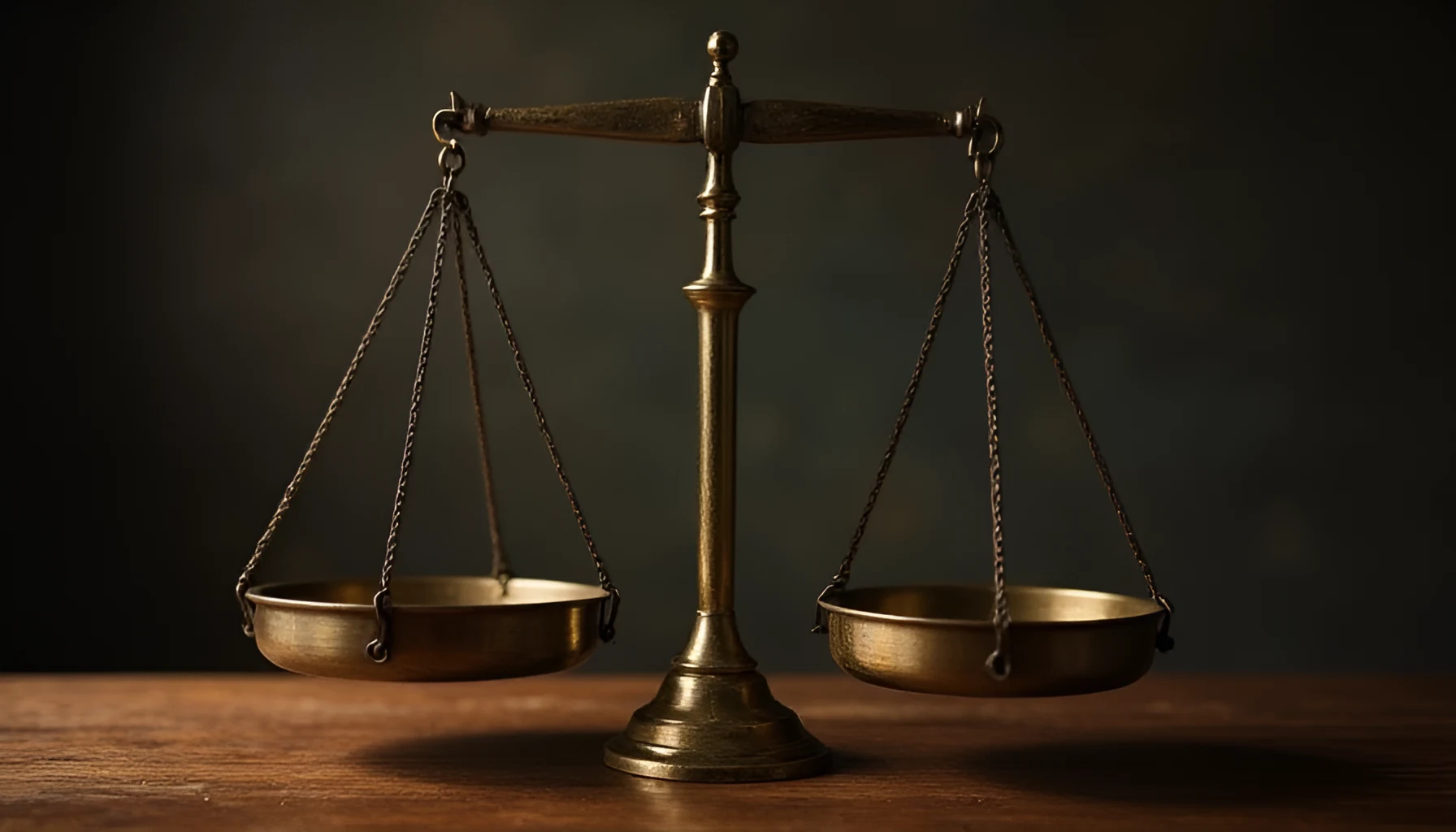 조사 결과 심의와 조치 개념 이미지 어두운 배경 앞 낡은 나무 상판 위에 놋쇠 양팔 저울이 받침대 위로 곧게 서 있고 가는 사슬에 매달린 양쪽 접시가 비어 있는 정물 이미지